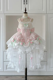 Pink Honey Rose Sleeveless Ruffle Embroidery Bowknot Lace Pearl Sweet (Set) front view