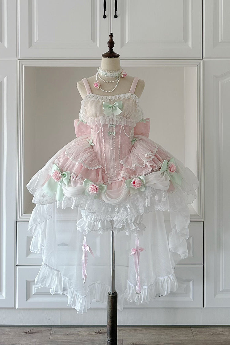 Pink [Honey Rose] Sleeveless Ruffle Embroidery Bowknot Lace Pearl Sweet Lolita Jsk Dress - Pink - 1