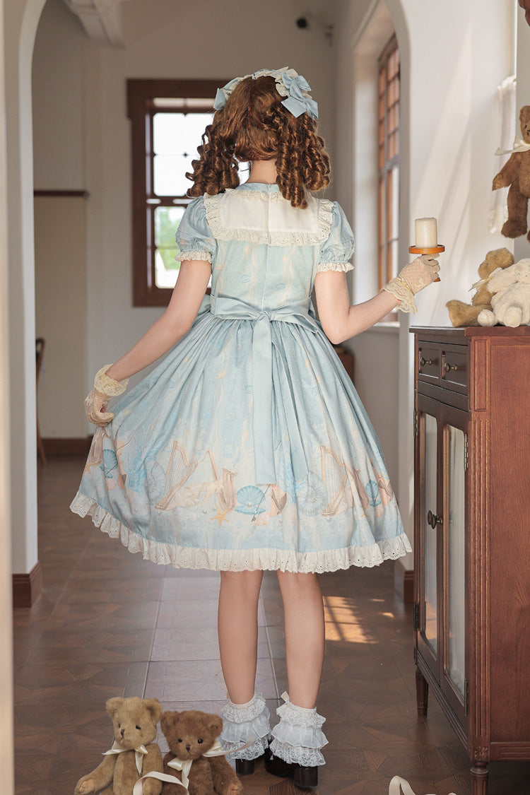 Blue [Underwater Concert] Round Collar Short Sleeves Printed Ruffled Bow Sweet Lolita Dress - Product - 7