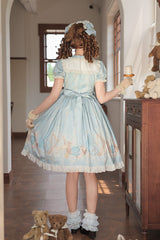 Blue [Underwater Concert] Round Collar Short Sleeves Printed Ruffled Bow Sweet Lolita Dress - Product - 7