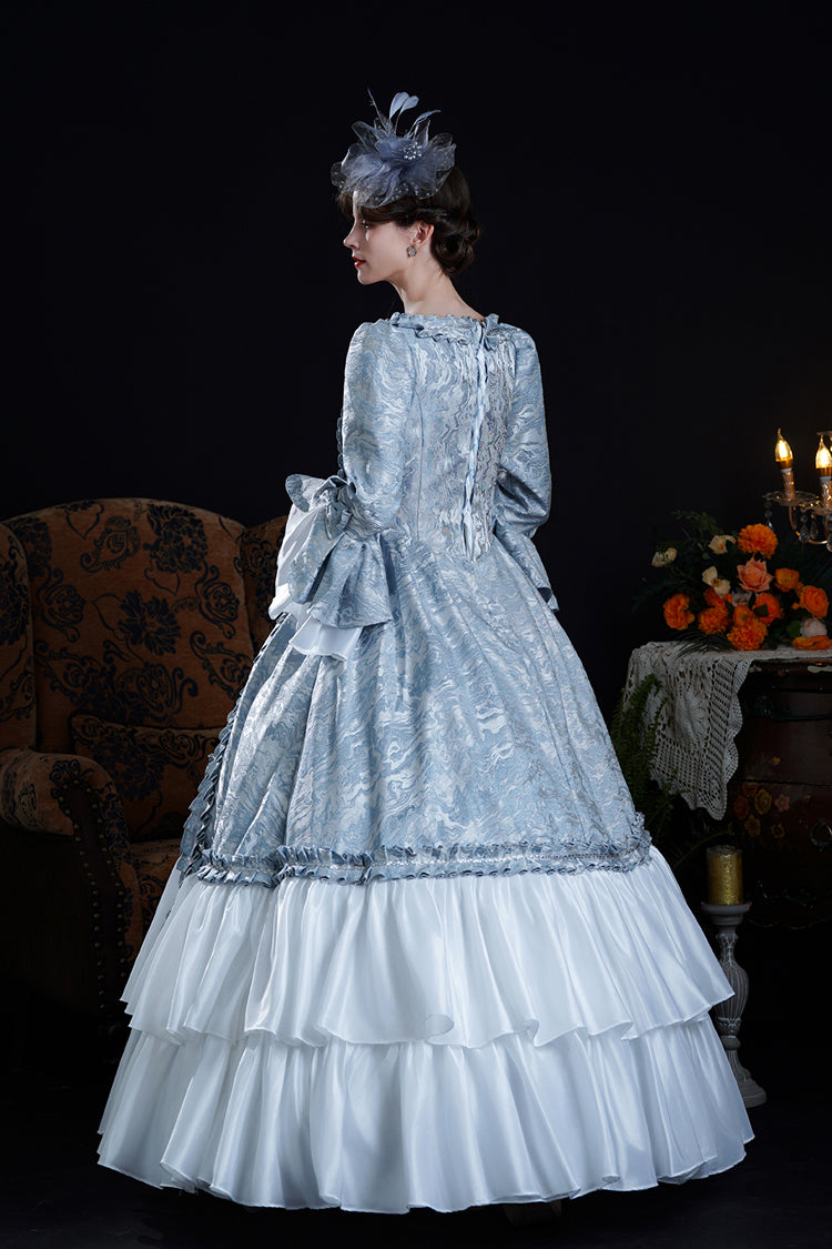 Blue Long Trumpet Sleeves Jacquard Ruffle Bowknot Princess Lolita Victorian Dress - Product - 3