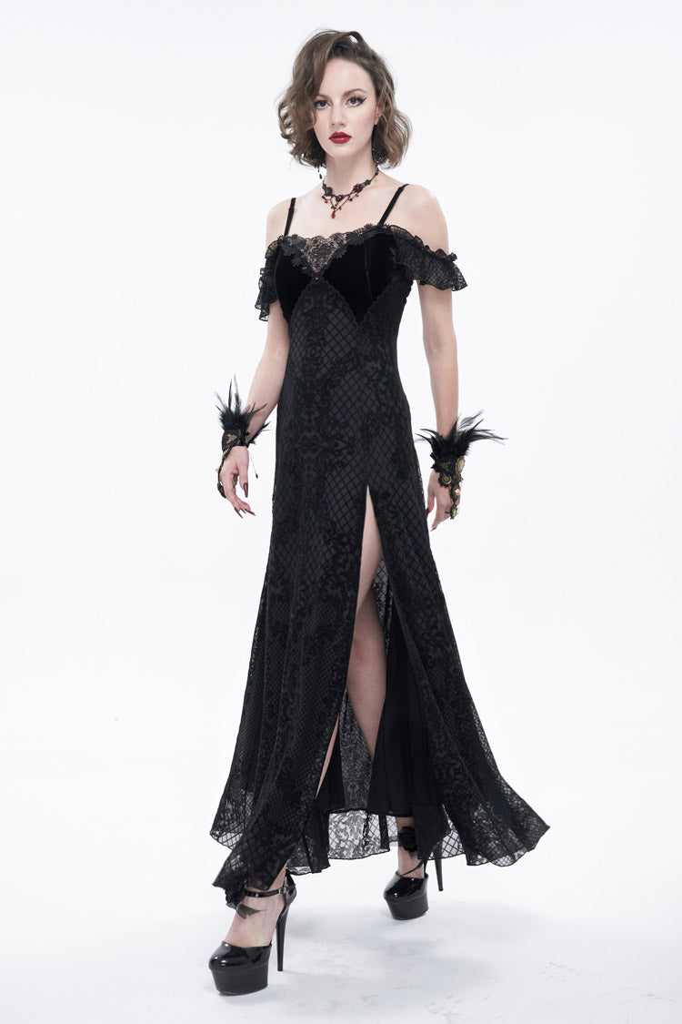 Black Velvet Lace Off Shoulder Ruffled Double Layer Slit Women's Gothic Dresses - Product - 4