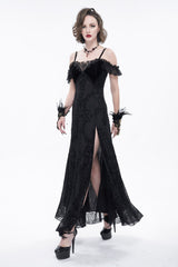 Black Velvet Lace Off Shoulder Ruffled Double Layer Slit Women's Gothic Dresses - Product - 4