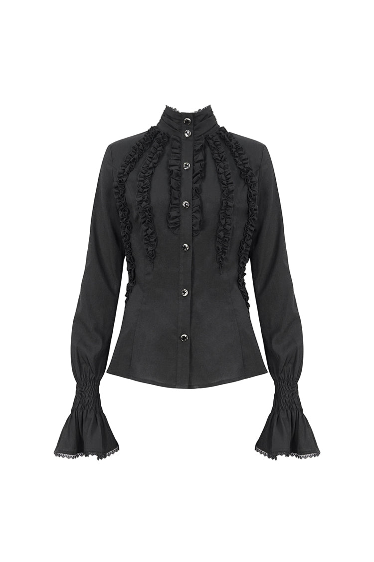 Black Stand Collar Ruffled Long Sleeves Women's Gothic Shirt - Product - 7