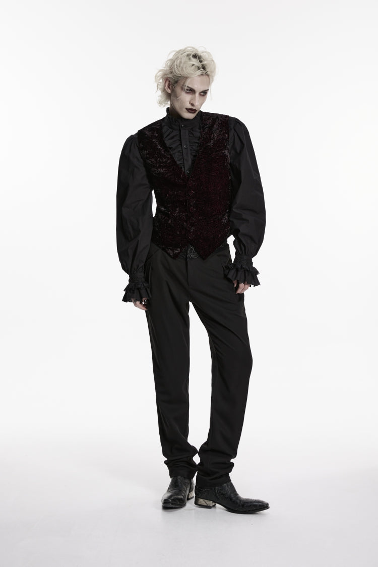 Black/Red V Collar Printed Slim Buckled Men's Gothic Retro Velvet Vest - Product - 3