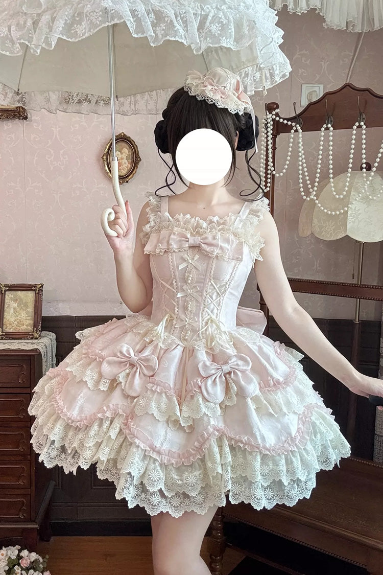 Pink [Realm of Sea Moon] Square Collar Sleeveless Multi-Layered Jacquard Ruffled Bow Lace Lace-Up Sweet Lolita Jsk Dress - Product - 4