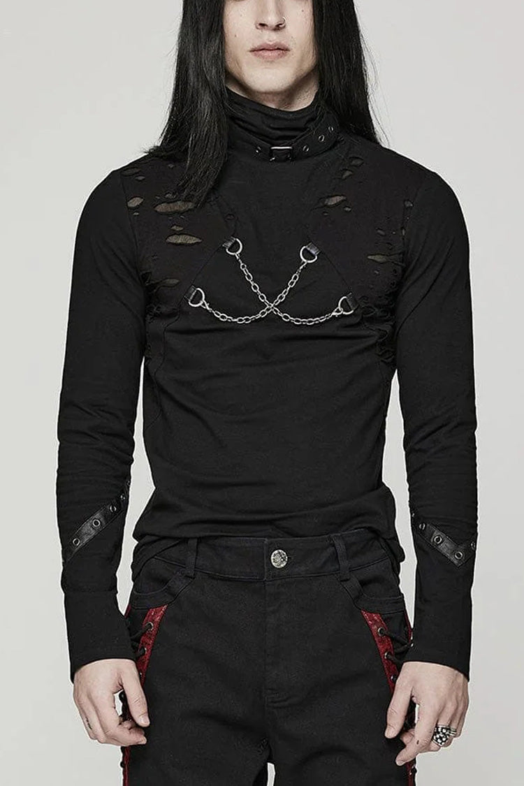 Black Stand Collar Long Sleeves Ripped Metal Chain Mens Steampunk T-Shirt - Black - 1