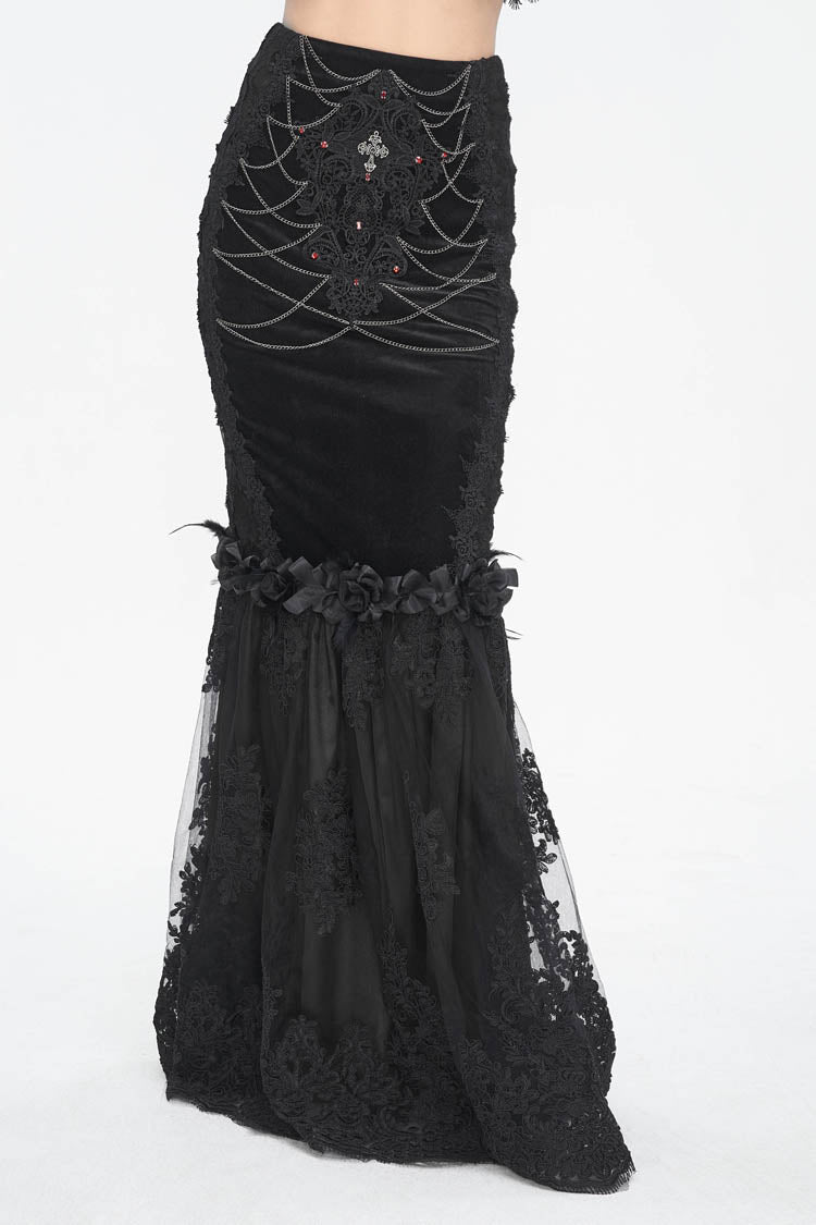 Black High Waisted Embroidery Stitching Lace Women's Gothic Skirt - Black - 1
