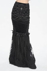 Black High Waisted Embroidery Stitching Lace Women's Gothic Skirt - Black - 1