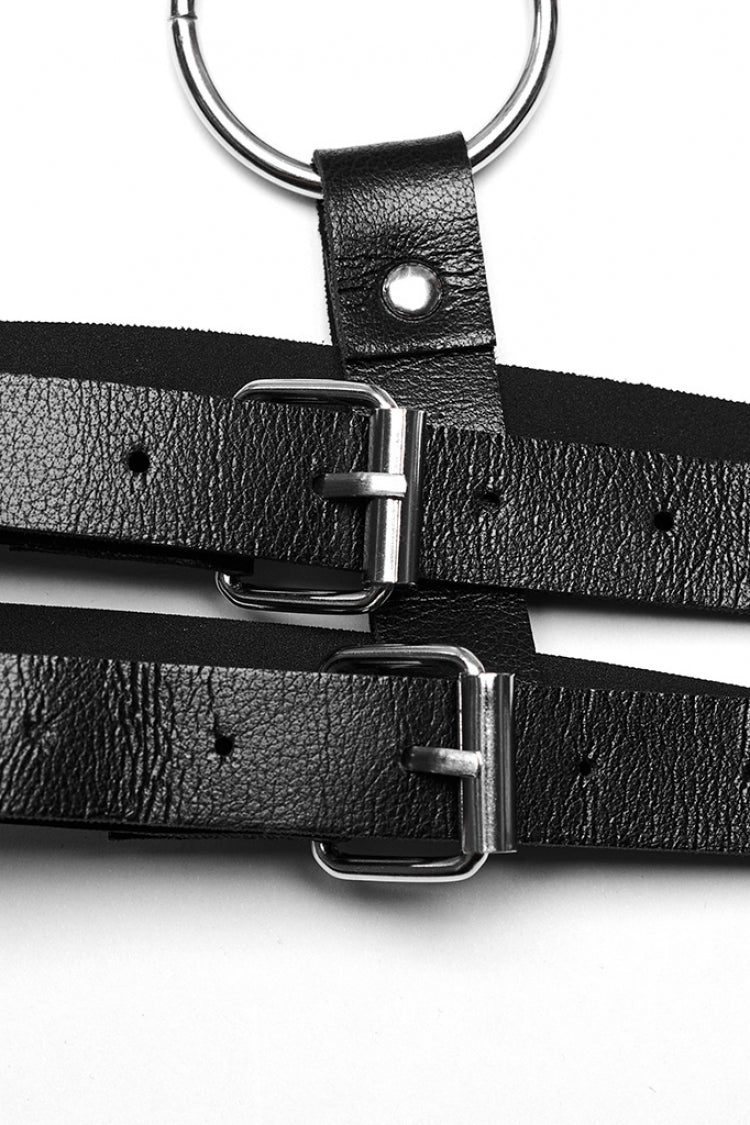 Black Adjustable Double-shoulder Faux Leather Multiple Metal Rings Women's Steampunk Harness - Product - 7