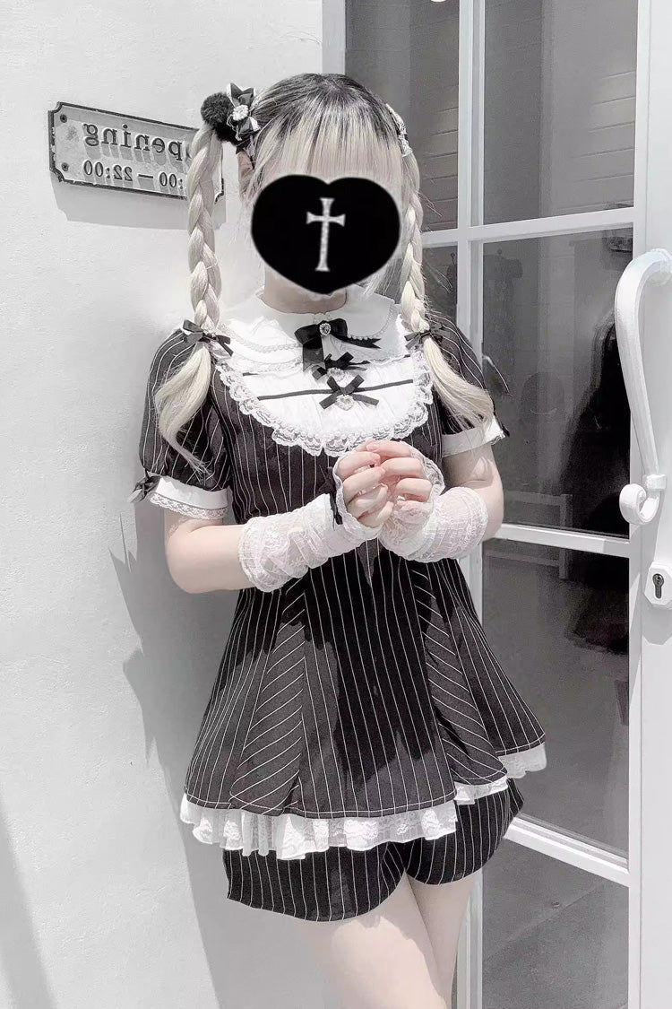 [Moonlight Whispers] Jirai Kei Rabbit Ears Doll Collar Short Sleeves Printed Ruffled Bow Lace Gothic Japanese Dress Shorts Set 2 Colors - Product - 9