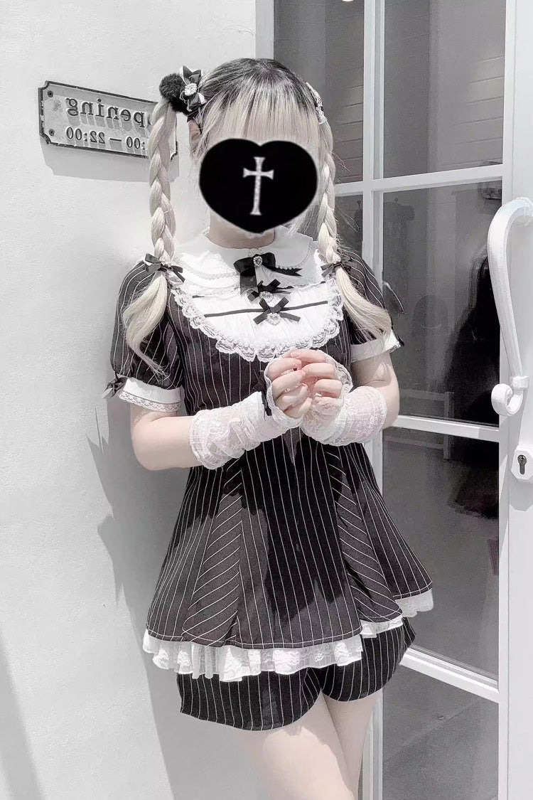 [Moonlight Whispers] Jirai Kei Rabbit Ears Doll Collar Short Sleeves Printed Ruffled Bow Lace Gothic Japanese Dress Shorts Set 2 Colors - Product - 9
