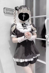 [Moonlight Whispers] Jirai Kei Rabbit Ears Doll Collar Short Sleeves Printed Ruffled Bow Lace Gothic Japanese Dress Shorts Set 2 Colors - Product - 9