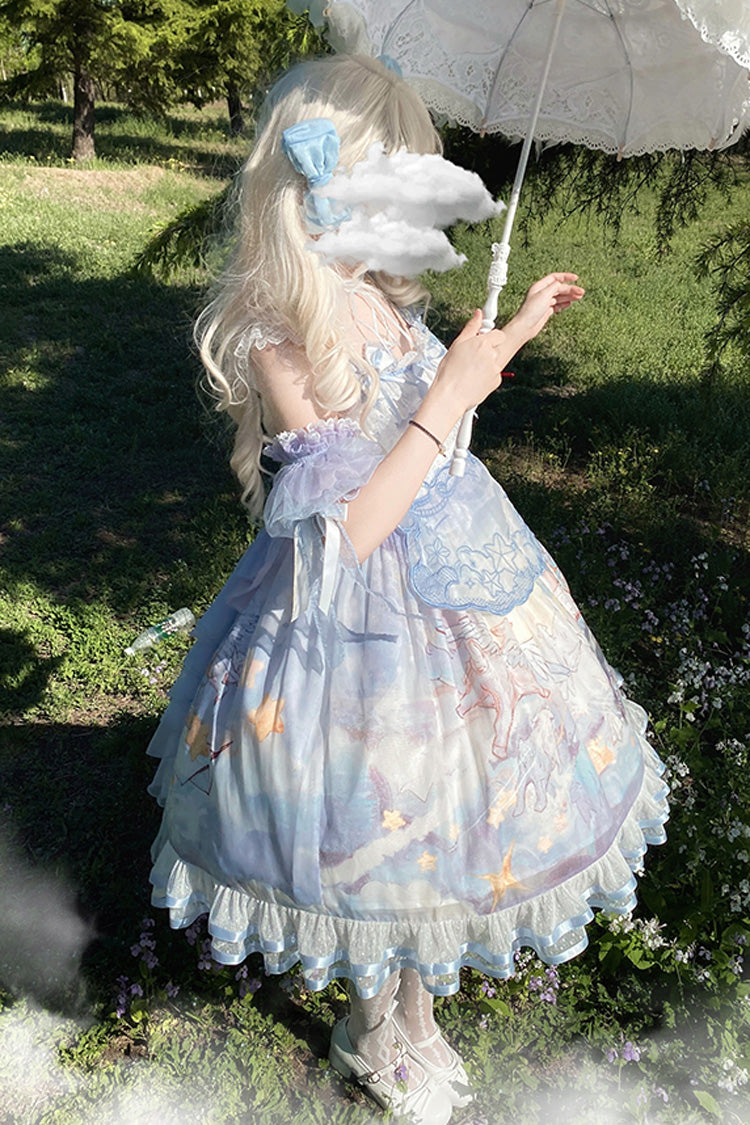 Blue [Walking In The Clouds] Print Ruffle Bowknot Lace Sweet Lolita Jsk Dress Full Set - Product - 4