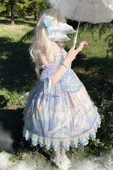 Blue [Walking In The Clouds] Print Ruffle Bowknot Lace Sweet Lolita Jsk Dress Full Set - Product - 4