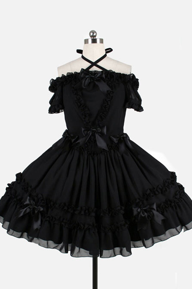 Chiffon Binding Strap Short Sleeves Boat Neck Classic Lolita Dress - Black - 1