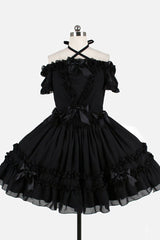 Chiffon Binding Strap Short Sleeves Boat Neck Classic Lolita Dress - Black - 1