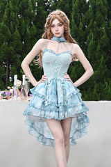 Blue [Mirrorless Dream] Double-Layered Tie-dyed Print Ruffle Bowknot Lace Train Sweet Lolita Jsk Dress - Blue - 1