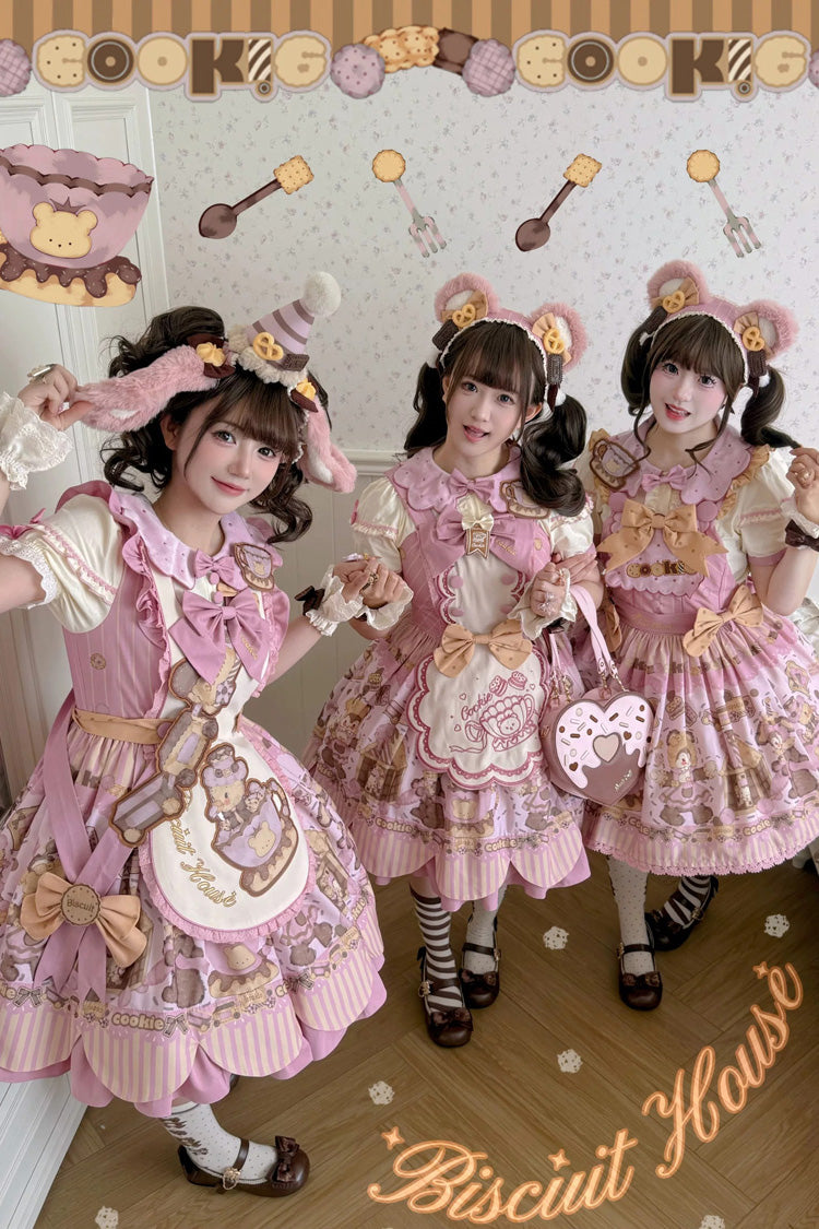 Pink [Teddy Bear Cookie] Strawberry Cream Puff Dessert Printed Bow Plus Size Sweet Lolita Dress Set 3 Versions - Product - 2