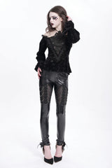 Black Chain Faux Leather Stitching Lace Women's Gothic Pants - Product - 7