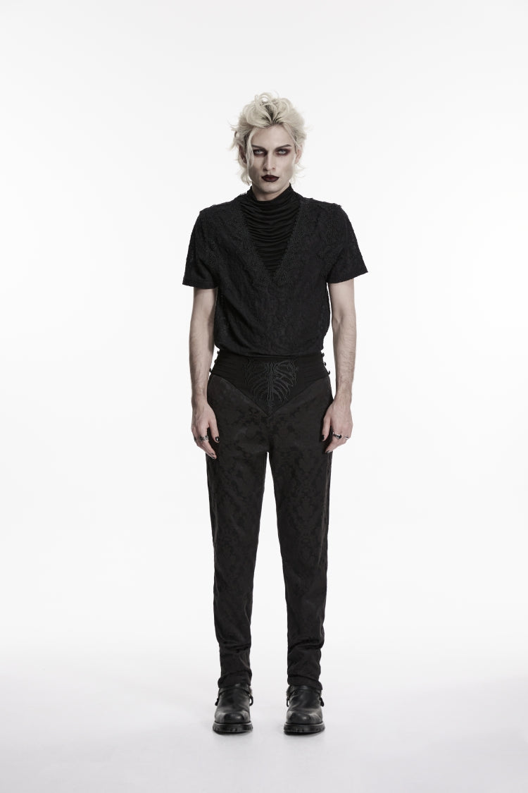 Black Embroidered Slim Pleated Men's Gothic Pants - Product - 2