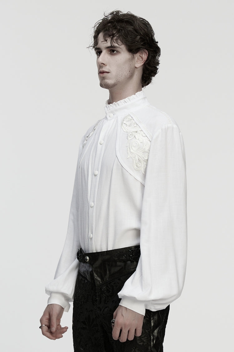 White Stand Collar Long Lantern Sleeves Floral Jacquard Men's Gothic Blouse - Product - 2