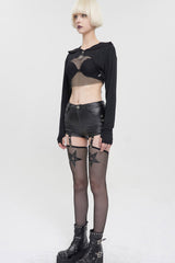 Black Punk Long Sleeve Knitted Chest Mesh Perspective Back Drawstring Adjustment Hoodie Women's Shirt - Product - 5