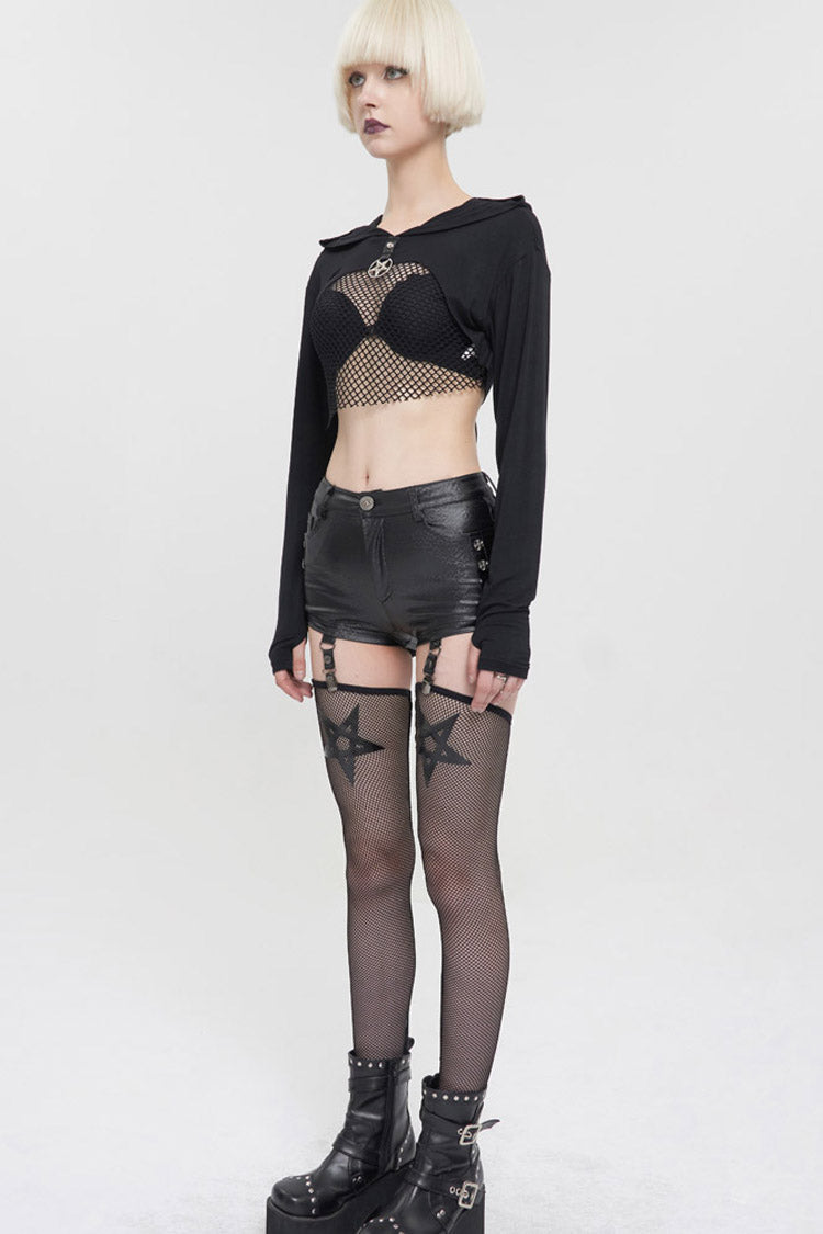 Black Punk Long Sleeve Knitted Chest Mesh Perspective Back Drawstring Adjustment Hoodie Women's Shirt - Product - 5