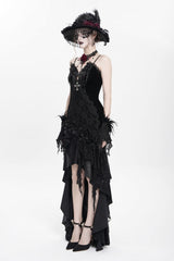 Black Sleeveless Cross Ruffled Floral Embroidered Chain-Decorated Women's Gothic Long Slip Dress - Product - 3