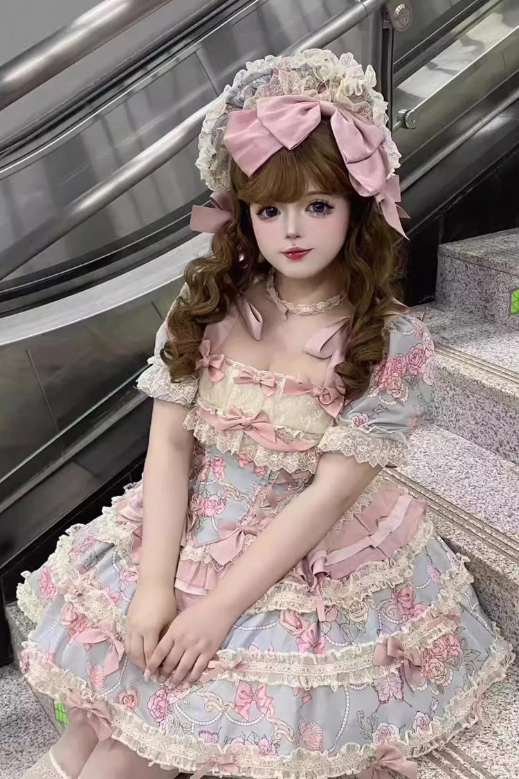 Blue/Pink [Gem Rose] Multi-Layered Ruffle Bowknot Lace Sweet Princess Lolita Skirt 2 Versions - Product - 9