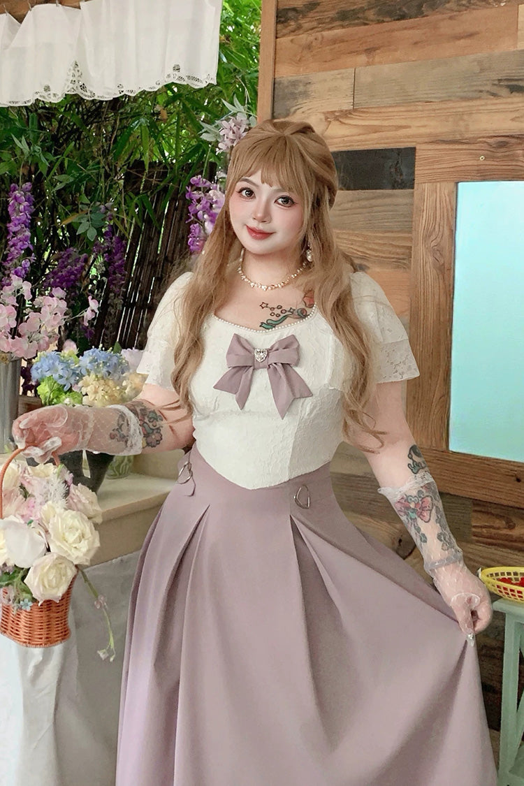 White/Purple Round Collar Short Sleeves Bow Patchwork Lace Sweet Japanese Plus Size Lolita Dress - Product - 6
