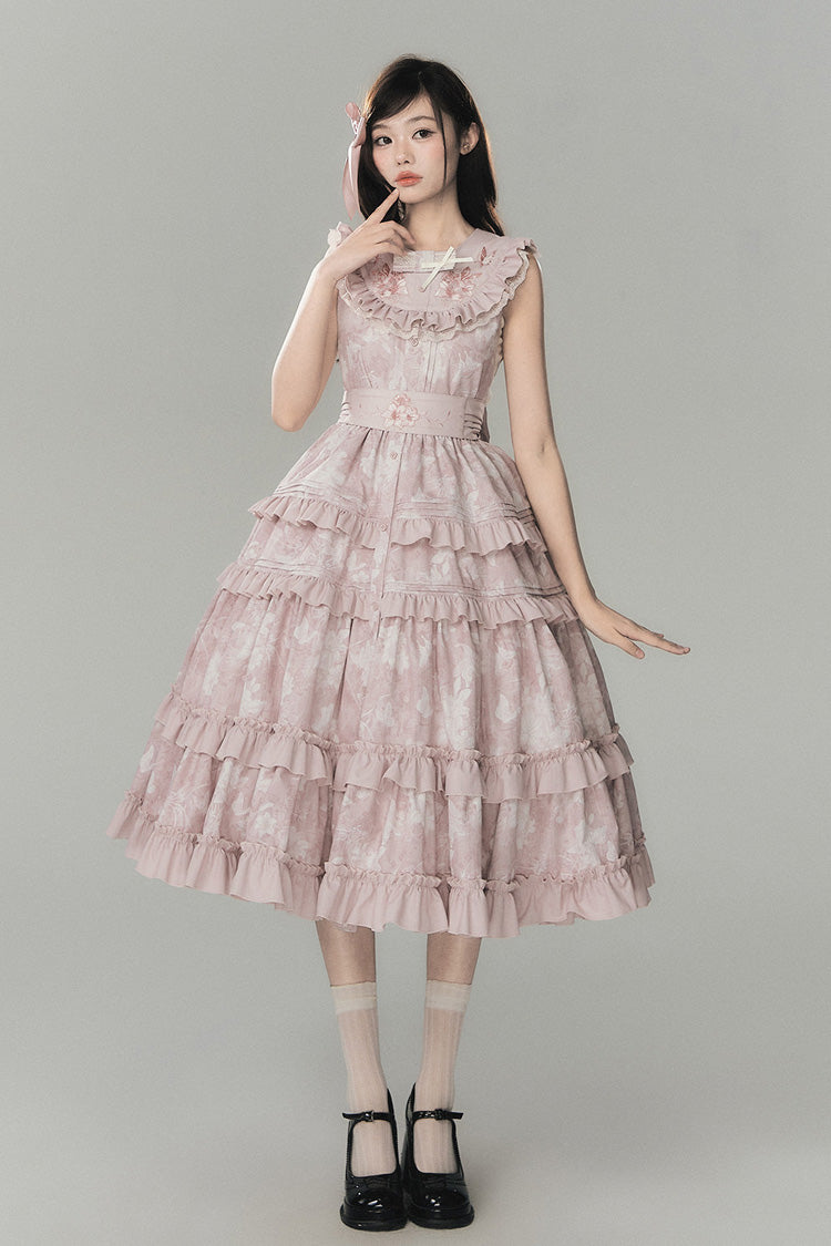 Pink [Sacred Heart Lily] Round Collar Sleeveless Multi-Layered Printed Ruffled Embroidered Sweet Chinese Inspired Lolita Jumper Dress - Product - 4