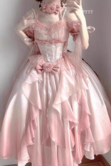 Pink Bowknot Irregular Sweet Princess Lolita Jsk Dress - Pink - 1