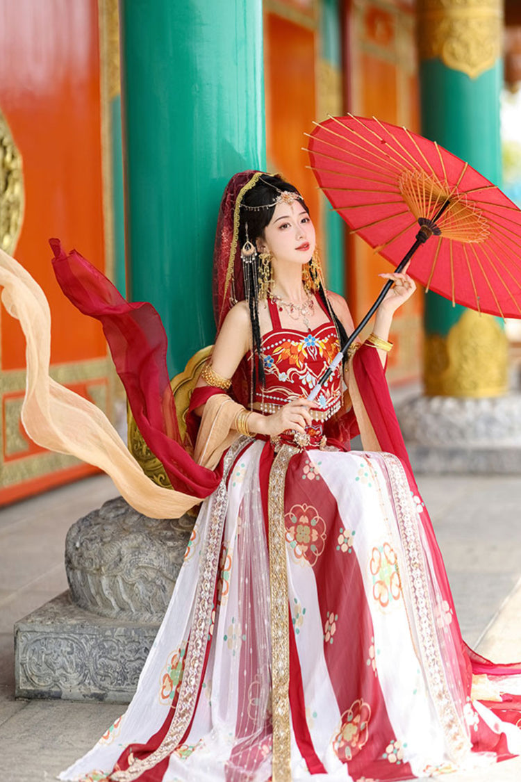Red Elegant Print Embroidery High Waisted Sleeveless Hanfu Dress Full Set - Product - 5