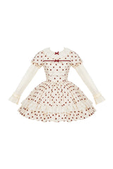 Apricot [Lollipop] Cotton Round Collar Long Lantern Sleeves Polka Dot Printed Ruffled Bow Lace Sweet Elegant Lolita Dress 2 Versions - Product - 3