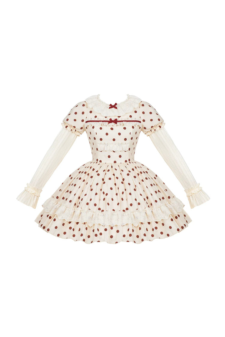 Apricot [Lollipop] Cotton Round Collar Long Lantern Sleeves Polka Dot Printed Ruffled Bow Lace Sweet Elegant Lolita Dress 2 Versions - Product - 3