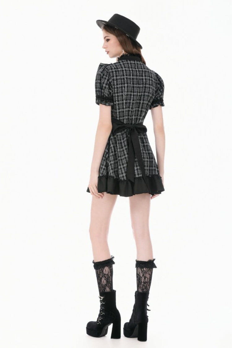 Black/White Plaid Stand Collar Short Puff Sleeves Ruffled  Lace Lace-Up Women's Lolita Gothic Dress - Product - 13