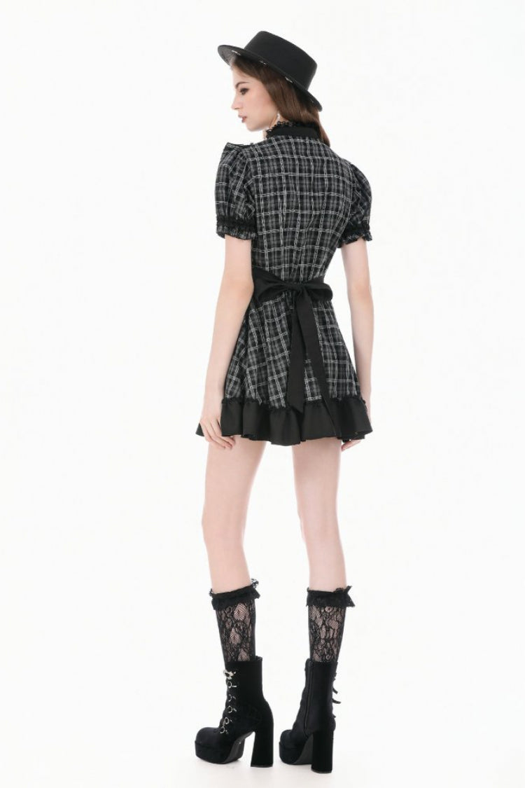 Black/White Plaid Stand Collar Short Puff Sleeves Ruffled  Lace Lace-Up Women's Lolita Gothic Dress - Product - 13