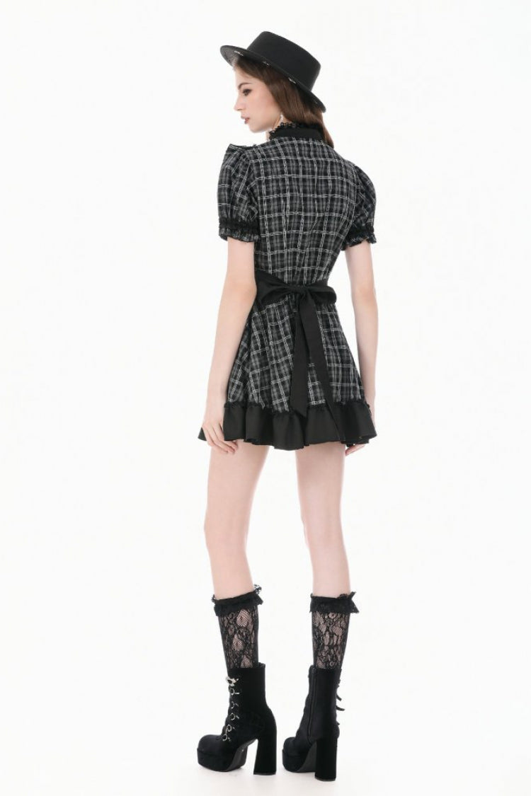 Black/White Plaid Stand Collar Short Puff Sleeves Ruffled  Lace Lace-Up Women's Lolita Gothic Dress - Product - 13