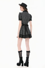 Black/White Plaid Stand Collar Short Puff Sleeves Ruffled  Lace Lace-Up Women's Lolita Gothic Dress - Product - 13