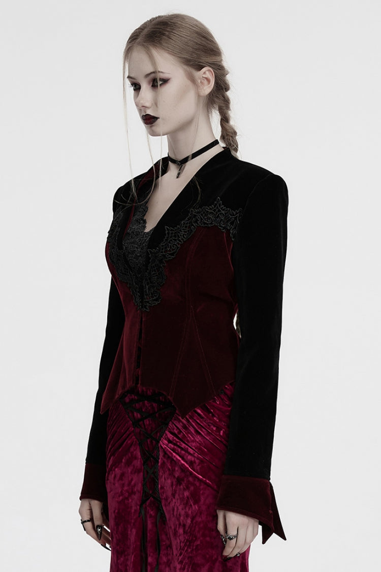 Black/Red V Collar Long Sleeves Floral Embroidery Lace-Up Women's Gothic Jacket - Product - 2