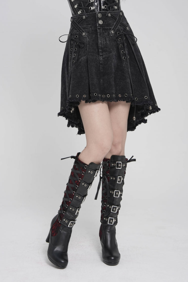 Black Lace-Up Pleated Eyelet Women's Punk Skirt - Product - 4