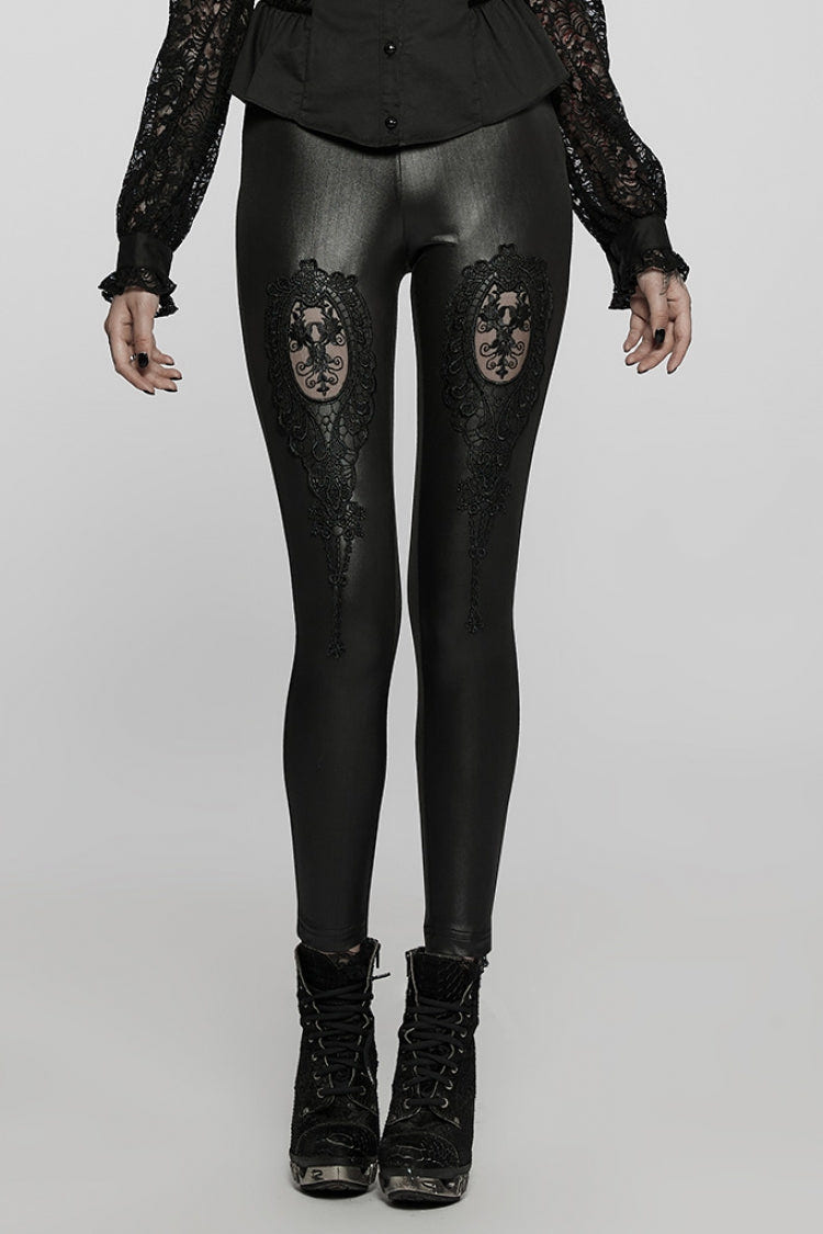 Black Floral Hollow Slim Faux Leather Women's Gothic Leggings - Black - 1