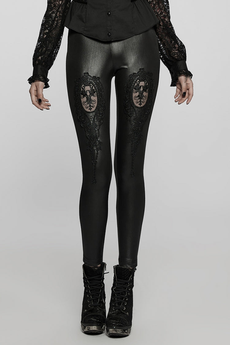 Black Floral Hollow Slim Faux Leather Women's Gothic Leggings - Black - 1