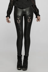 Black Floral Hollow Slim Faux Leather Women's Gothic Leggings - Black - 1