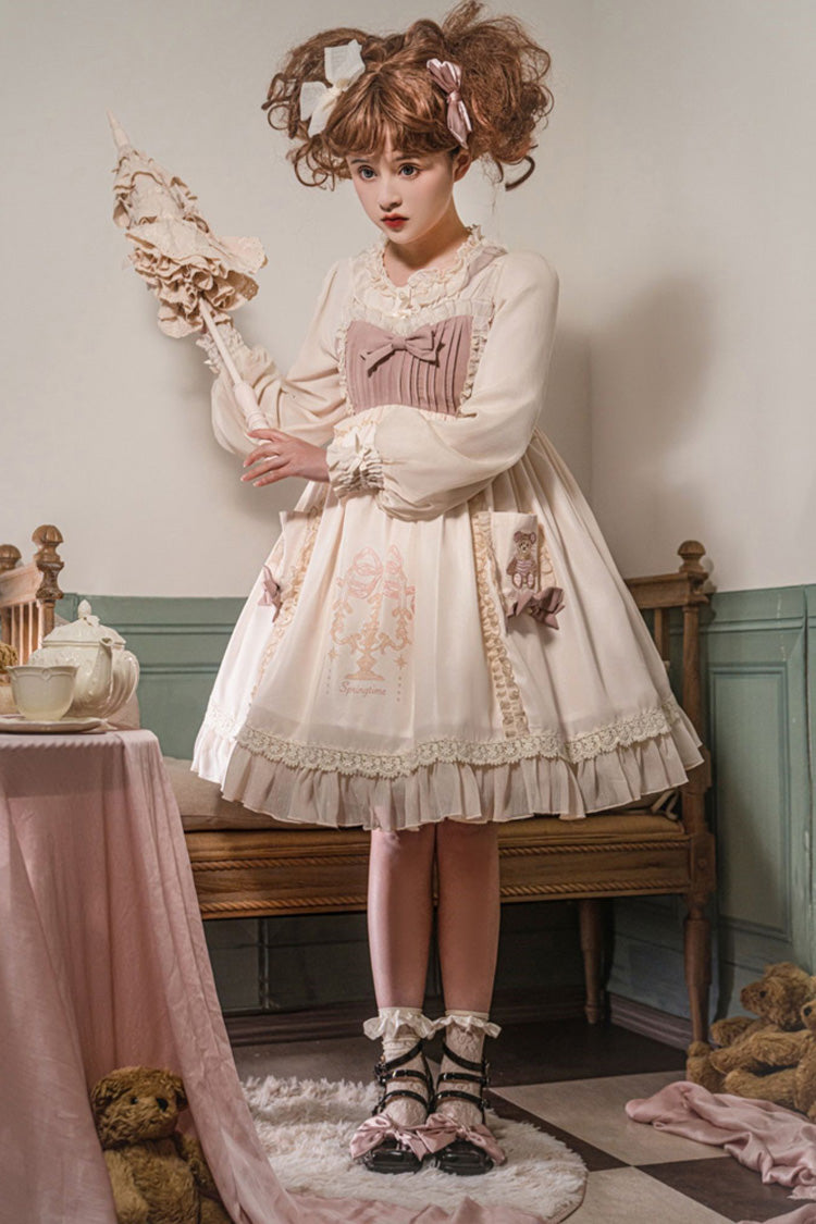 White/Pink Sleeveless Good Night Bear Print Sweet Lovely Lolita Dress - Product - 3