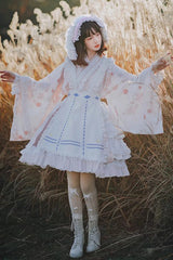 Apricot Long Trumpet Sleeves Cherry Blossom Print Ruffle Sweet Japanese Lolita Dress - Product - 6
