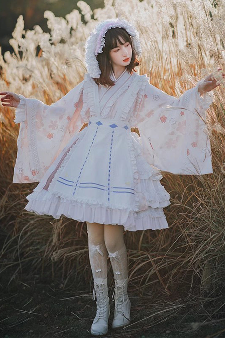 Apricot Long Trumpet Sleeves Cherry Blossom Print Ruffle Sweet Japanese Lolita Dress - Product - 6