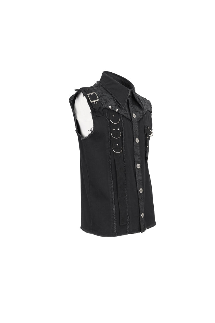 Black Sleeveless Buckle Splice Unedged Men's Punk Vest - Product - 8