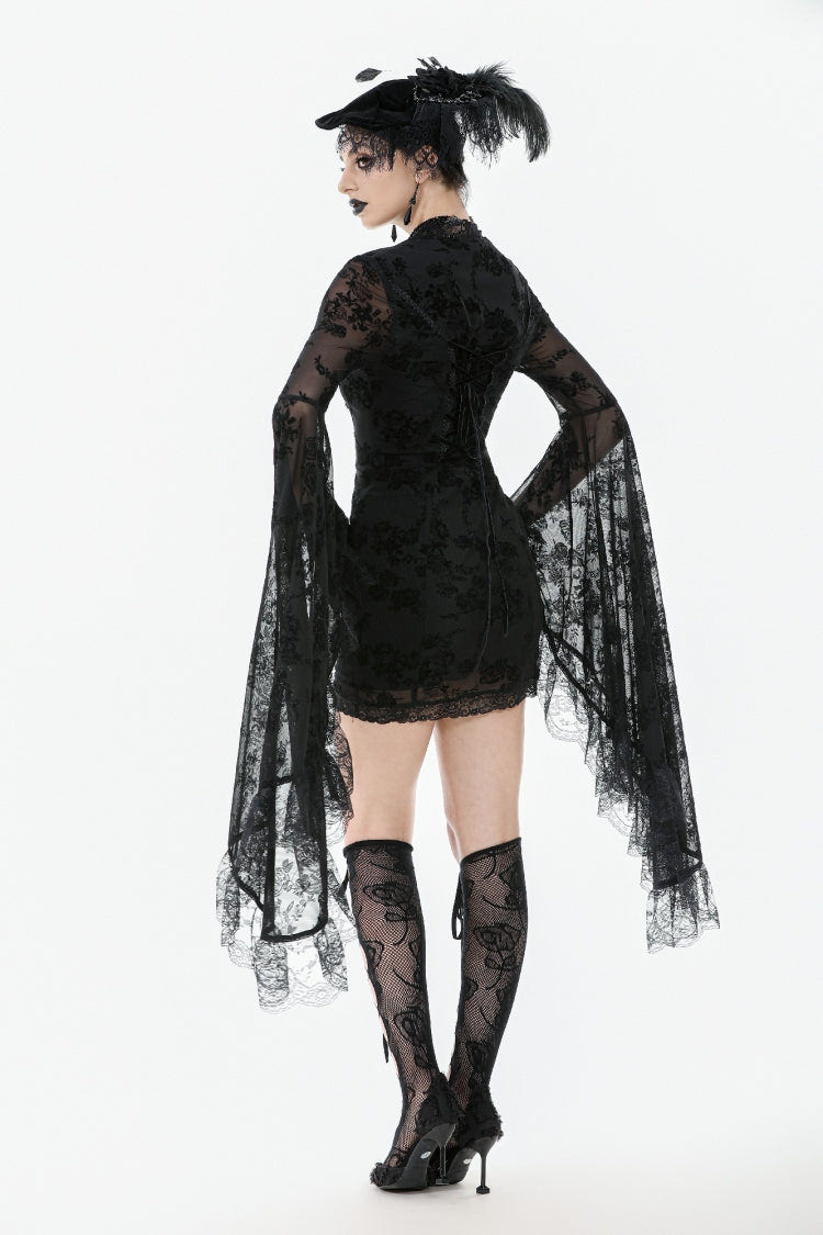 Black Square Collar Long Trumpet Sleeves Mesh Embroidered Lace Lace-Up Women's Gothic Dress - Product - 4